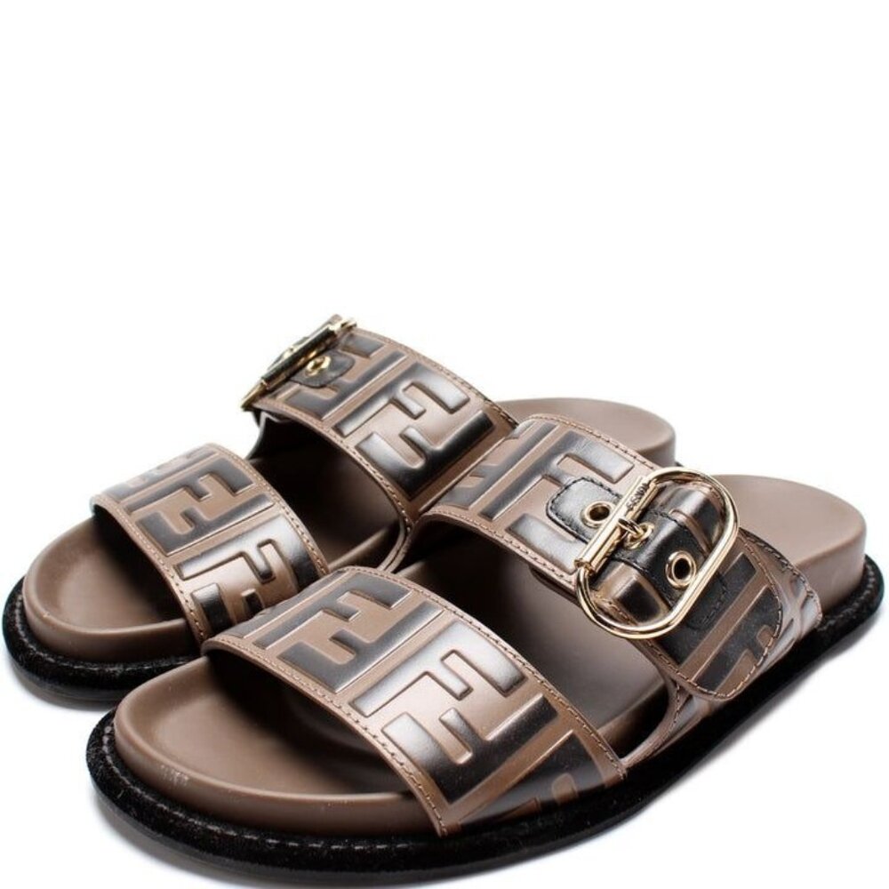 Fendi Women's FF Logo Brown Leather Slide Sandals With Buckle Straps Size 38